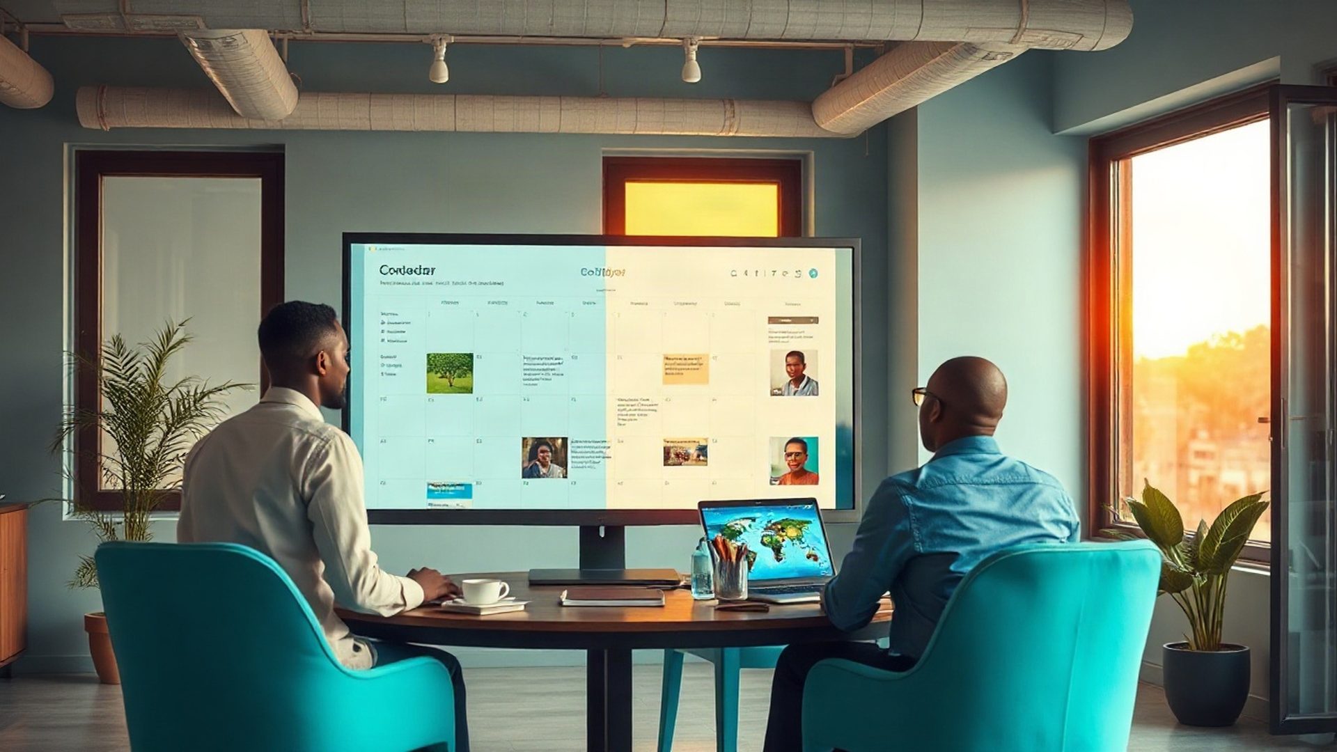 Vividllumen team collaborating around a content calendar in a Kakamega office
