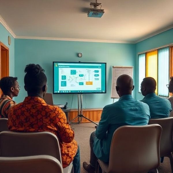 Facilitator presenting a content workflow diagram to a Kenyan team