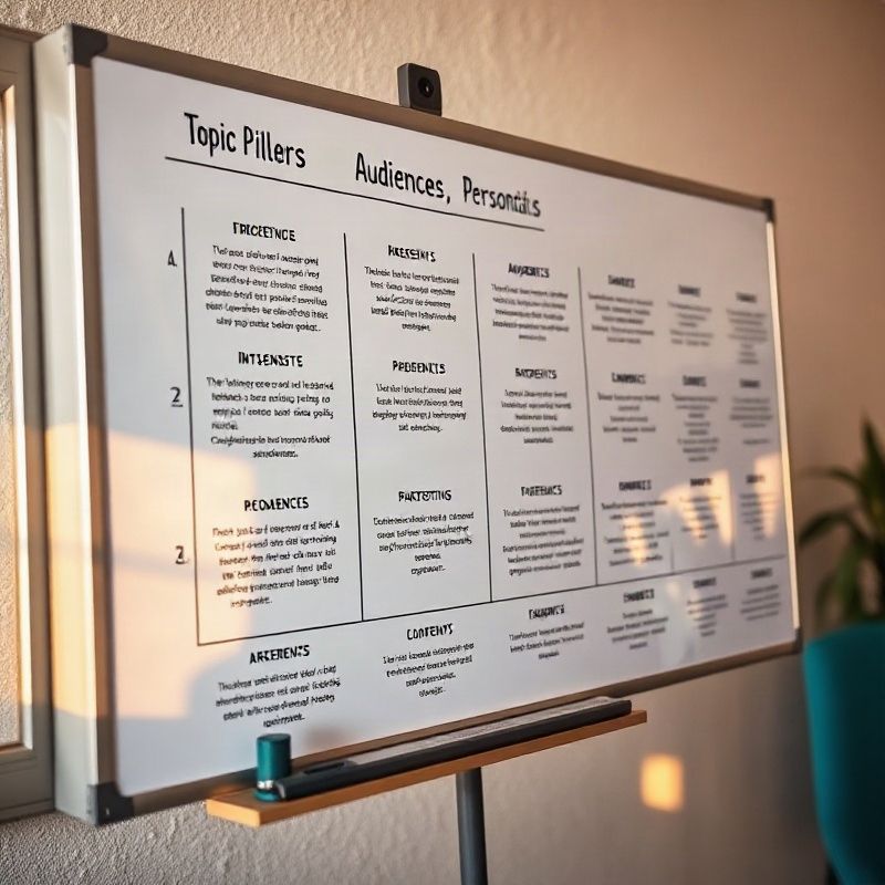 Whiteboard covered in topic pillars and audience personas
