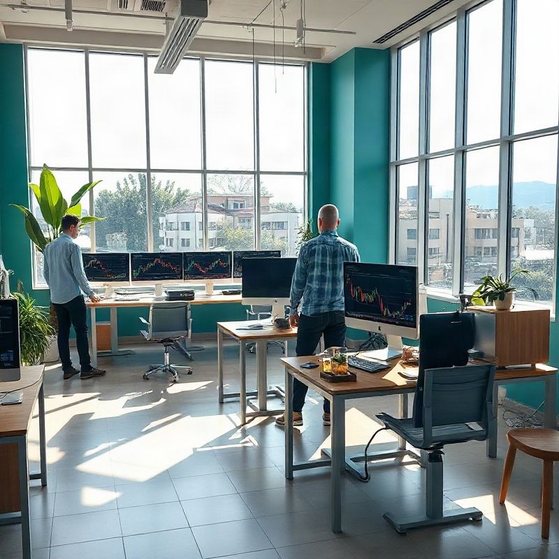 Escritório moderno da Vividllumen em Porto Alegre com equipe trabalhando em monitores de trading